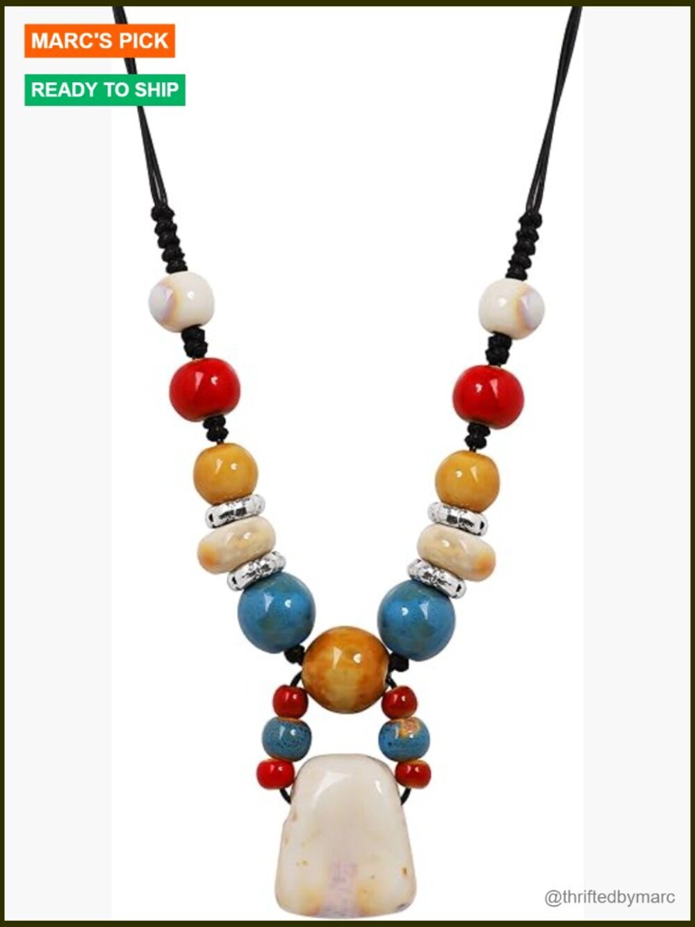 Boho Hippie Chunky Ceramic Beads Strand Necklace Bohemian Jewelry for Women